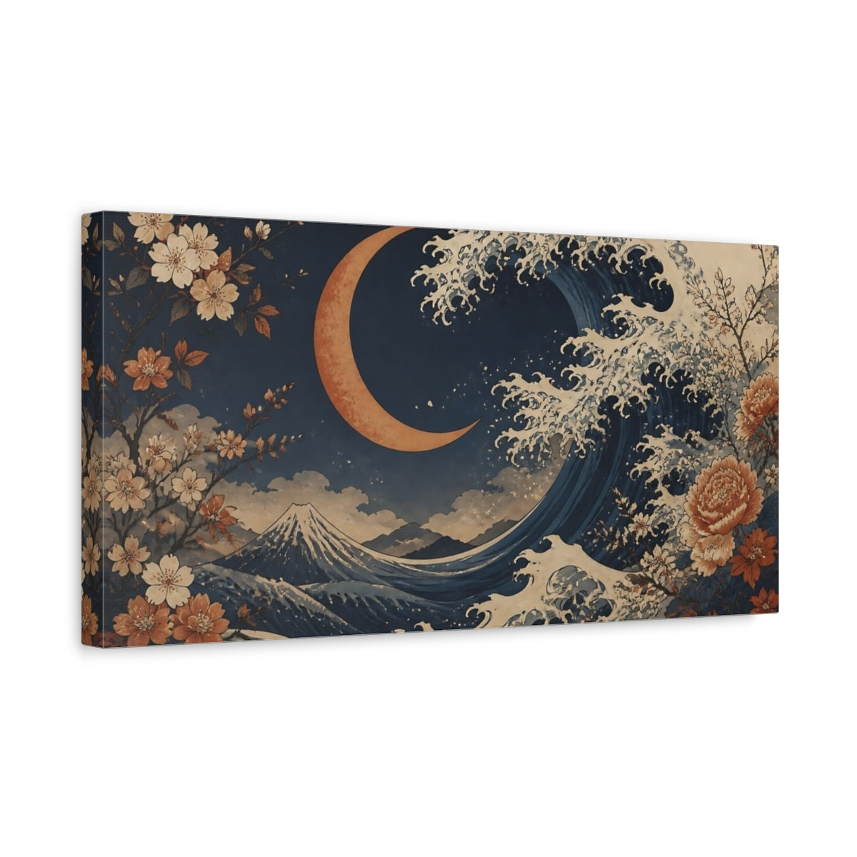 Side Mockup 3. Moonlit Wave & Blossoms shown as canvas print