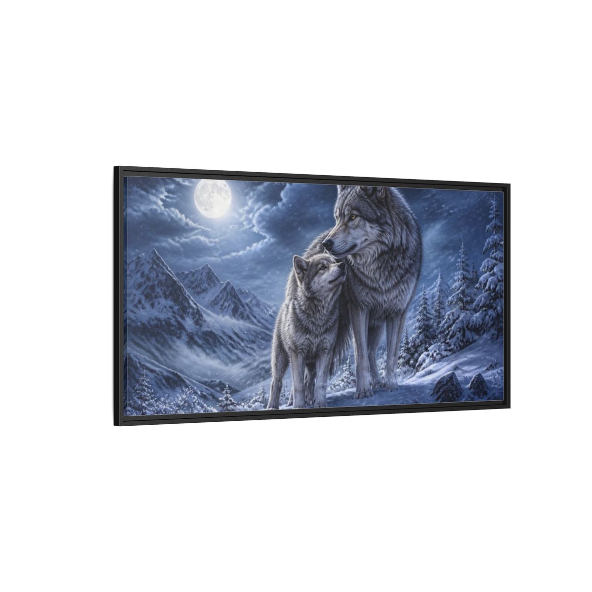 Side Mockup 5. Moonlit Wolf Animals shown as framed canvas print