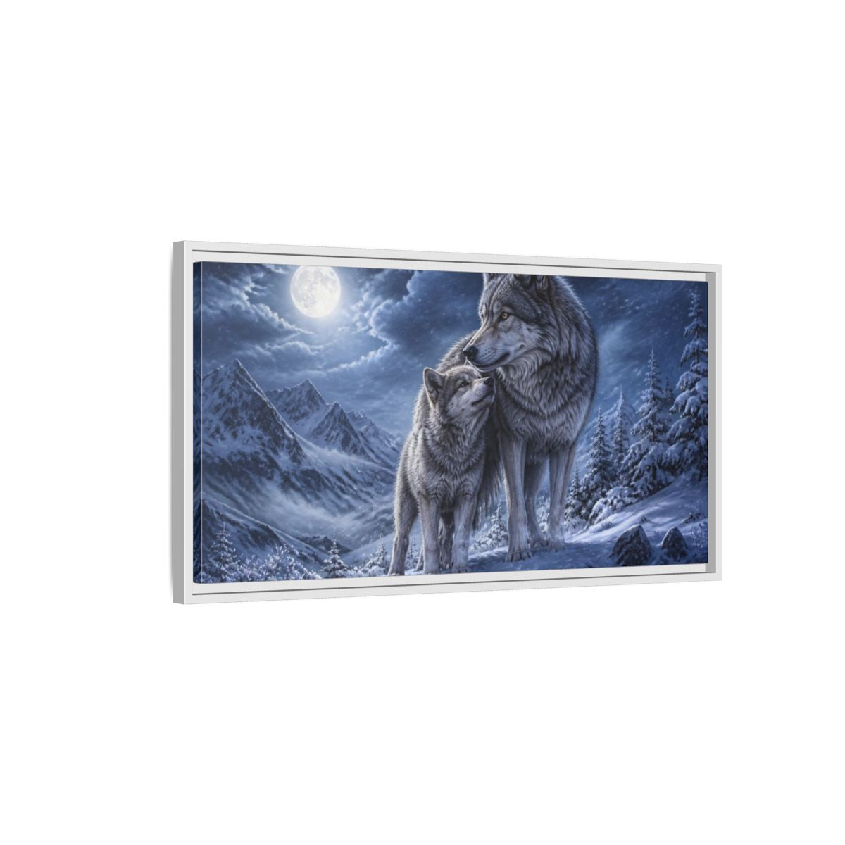 Side Mockup 1. Moonlit Wolf Animals shown as framed canvas print