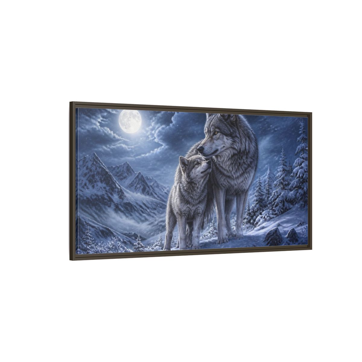 Side Mockup 4. Moonlit Wolf Animals shown as framed canvas print