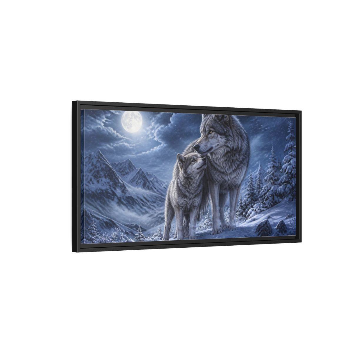 Side Mockup 2. Moonlit Wolf Animals shown as framed canvas print