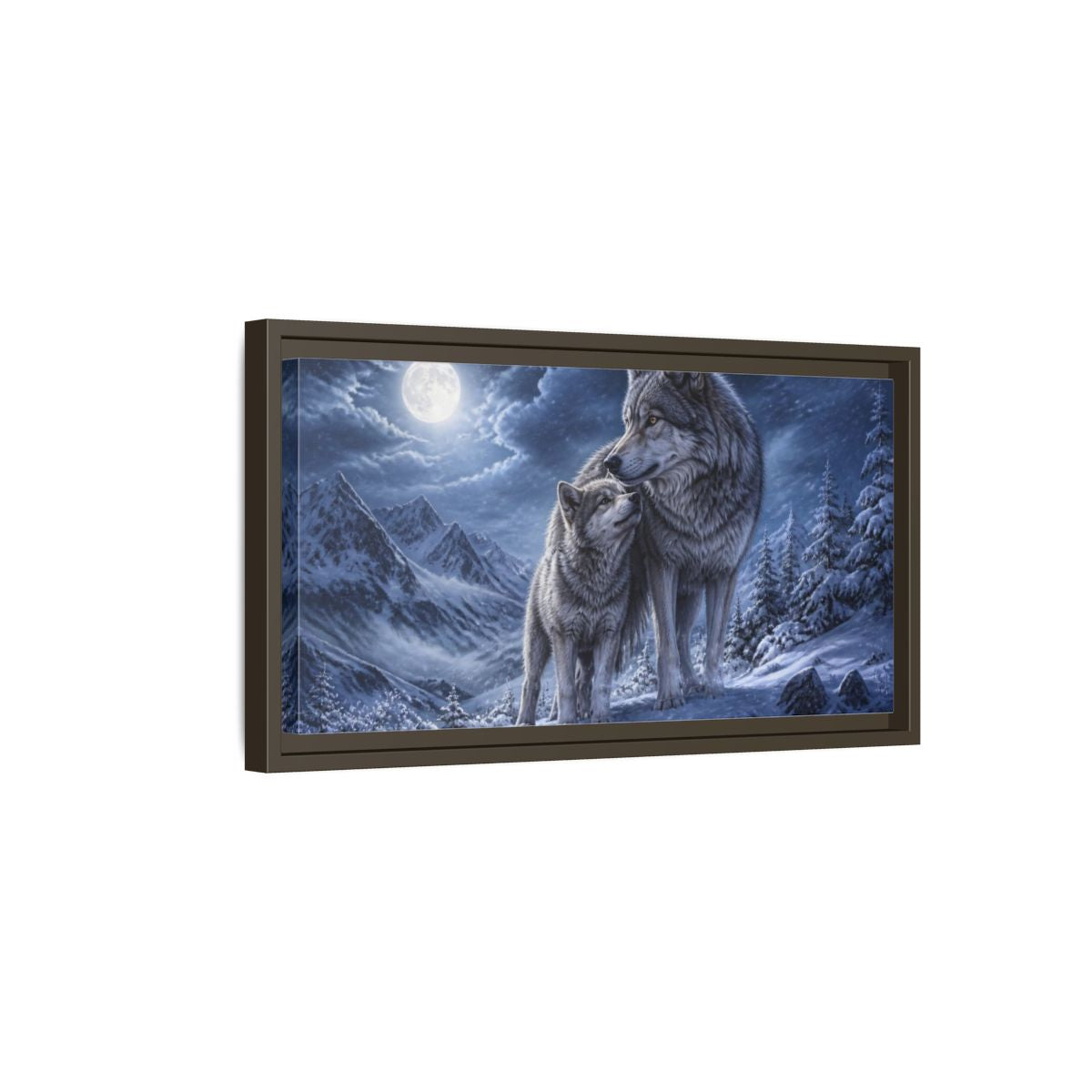 Side Mockup 7. Moonlit Wolf Animals shown as framed canvas print