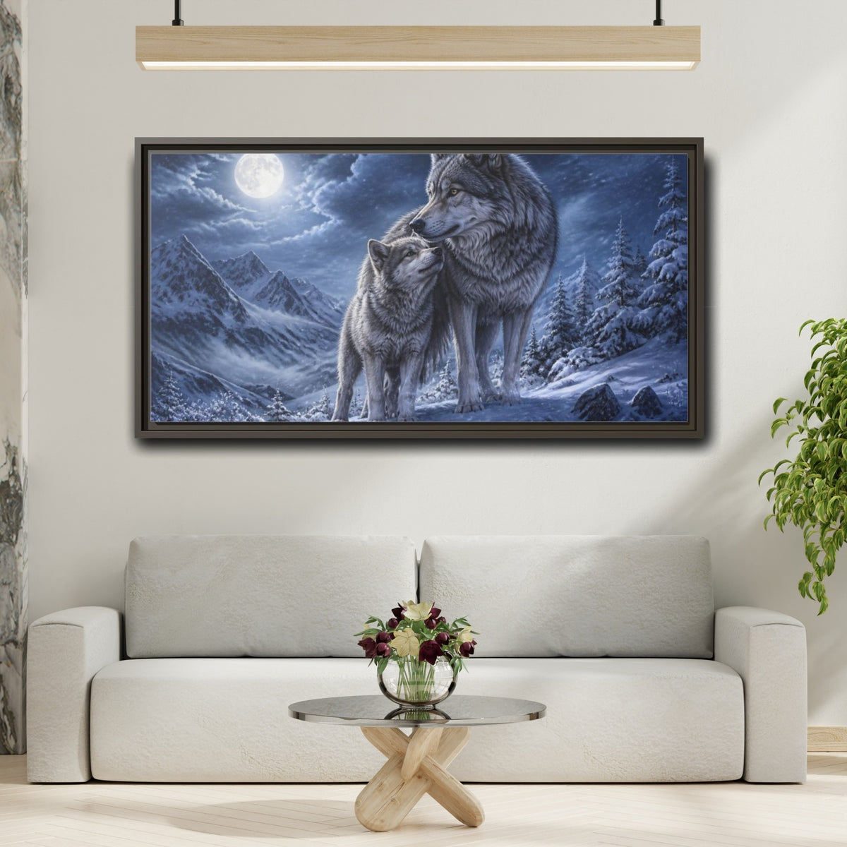 Mockup 2. Moonlit Wolf Animals shown as framed canvas print