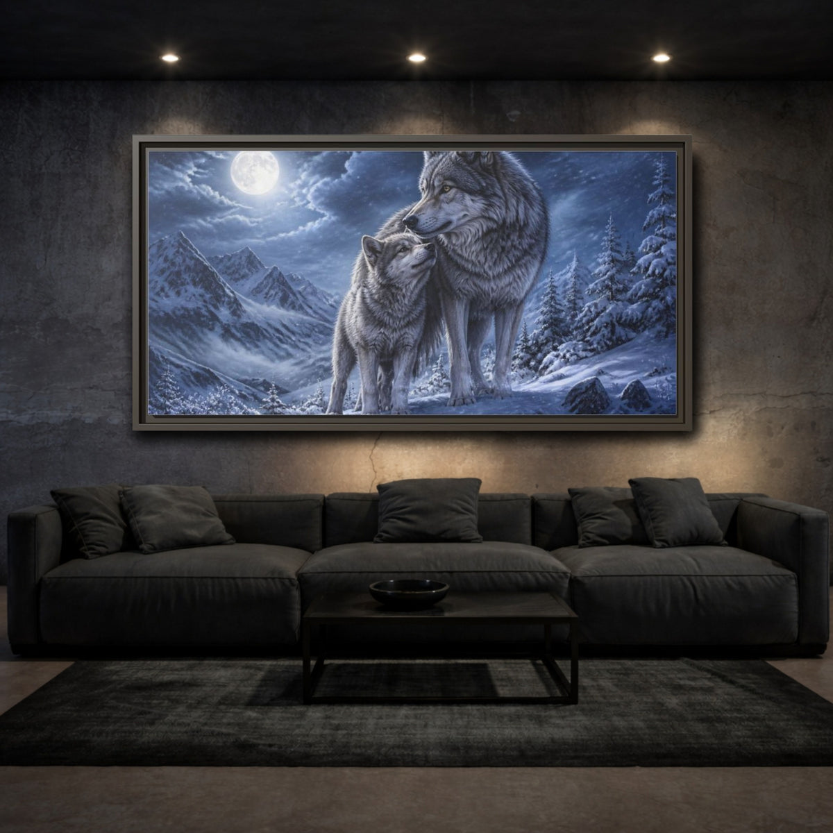 Mockup 3. Moonlit Wolf Animals shown as framed canvas print