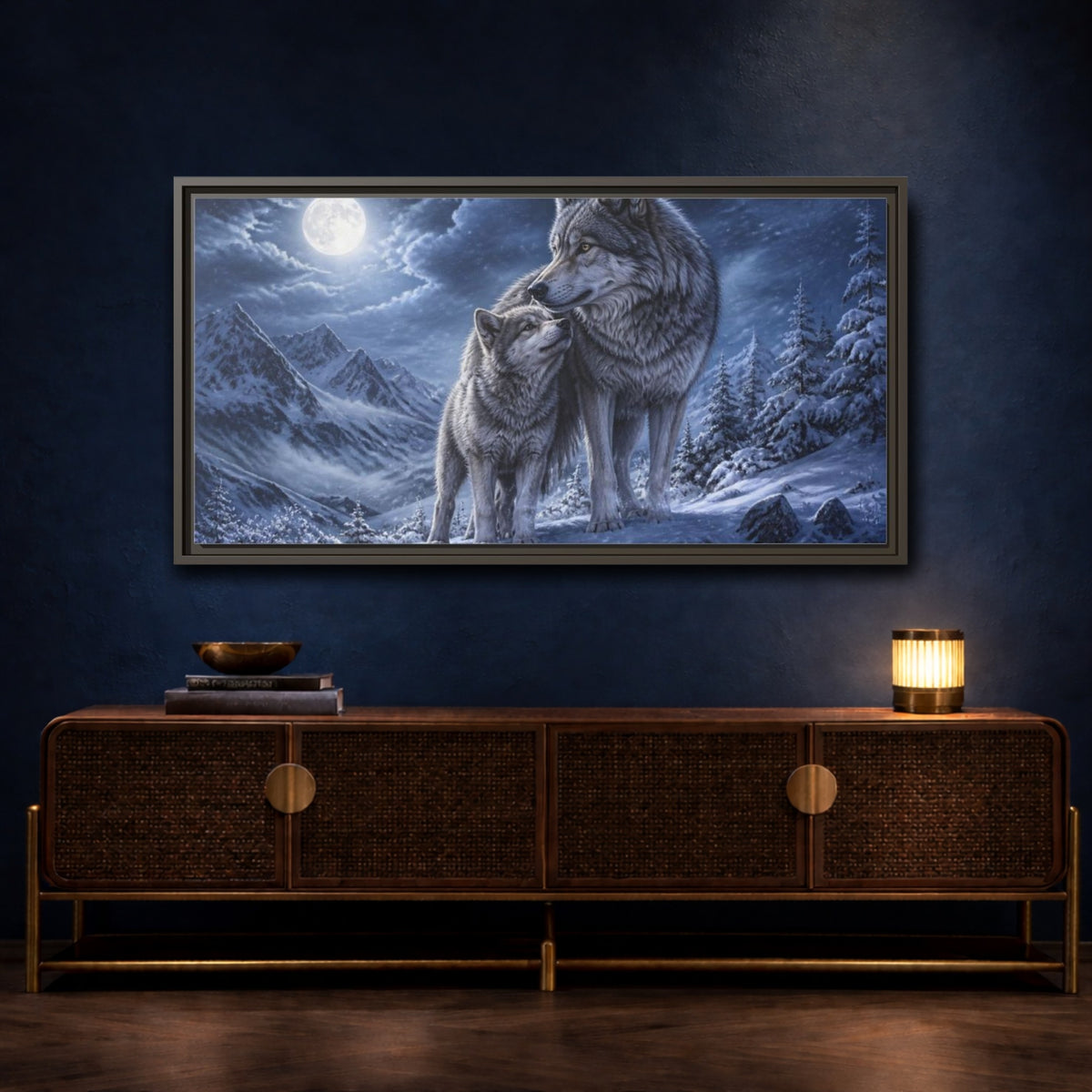 Mockup 4. Moonlit Wolf Animals shown as framed canvas print