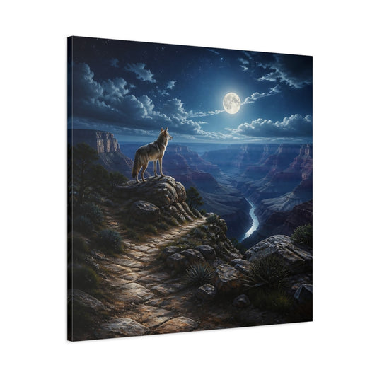 Main Mockup. Moonlit Wolf Over Canyon shown as canvas print