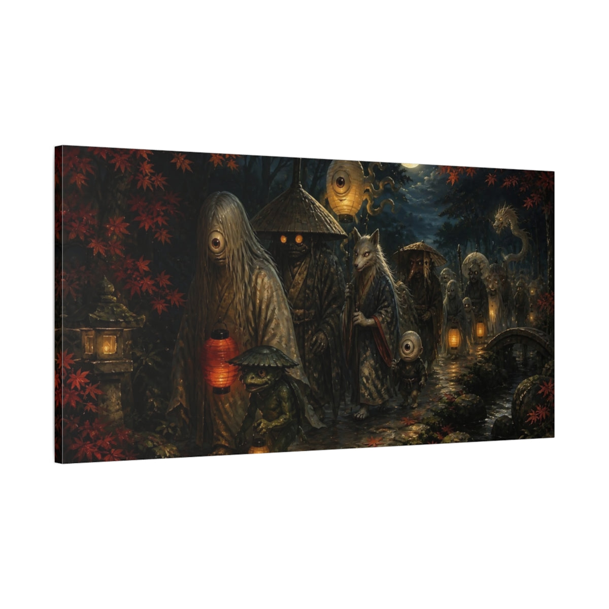 Main Mockup. Moonlit Yokai Procession shown as canvas print