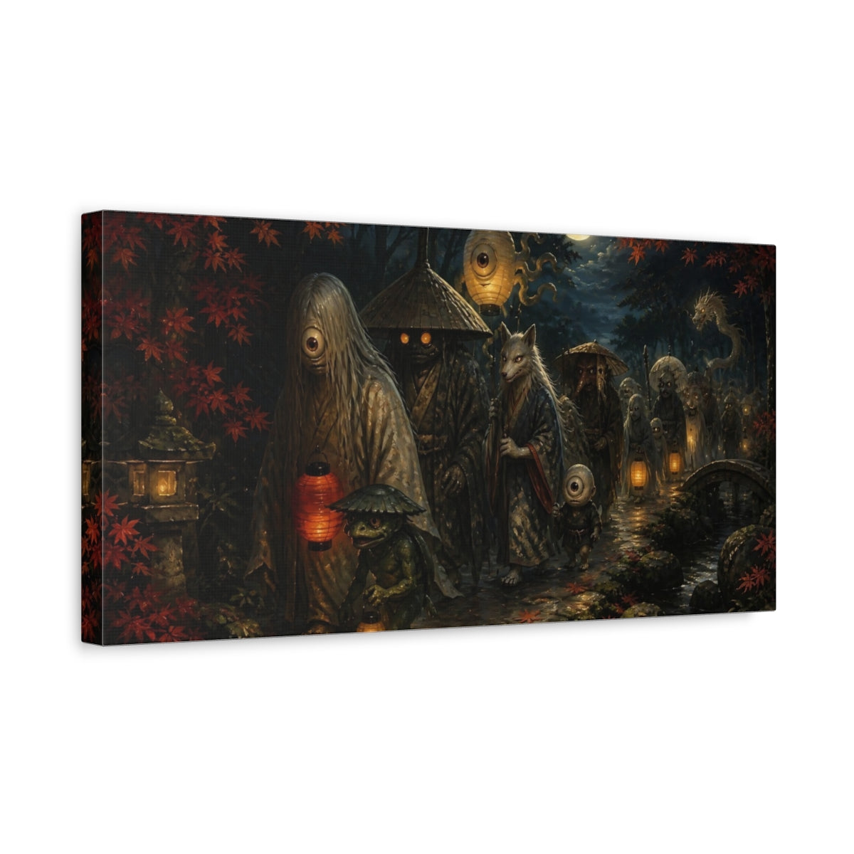 Side Mockup 3. Moonlit Yokai Procession shown as canvas print