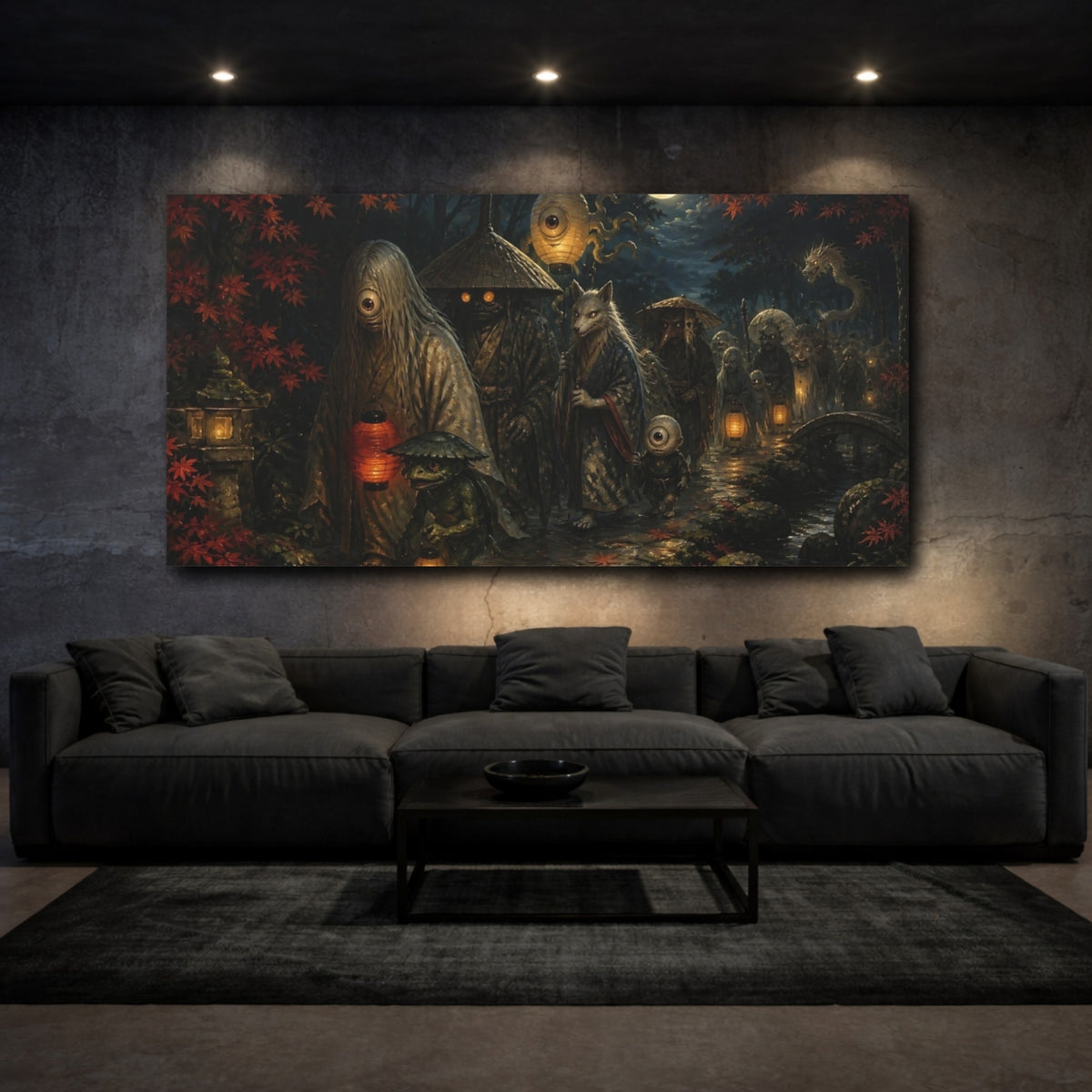 Mockup 3. Moonlit Yokai Procession shown as canvas print