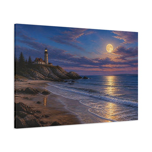 Main Mockup. Moonrise Lighthouse Landscape shown as canvas print
