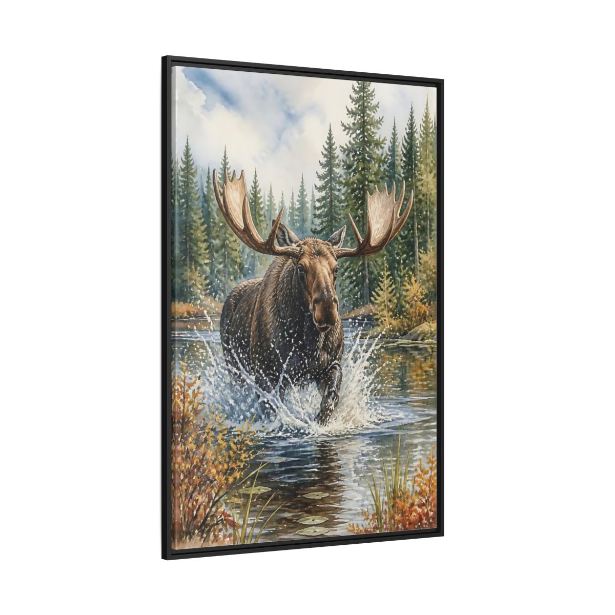 Side Mockup 12. Moose River Crossing shown as framed canvas print