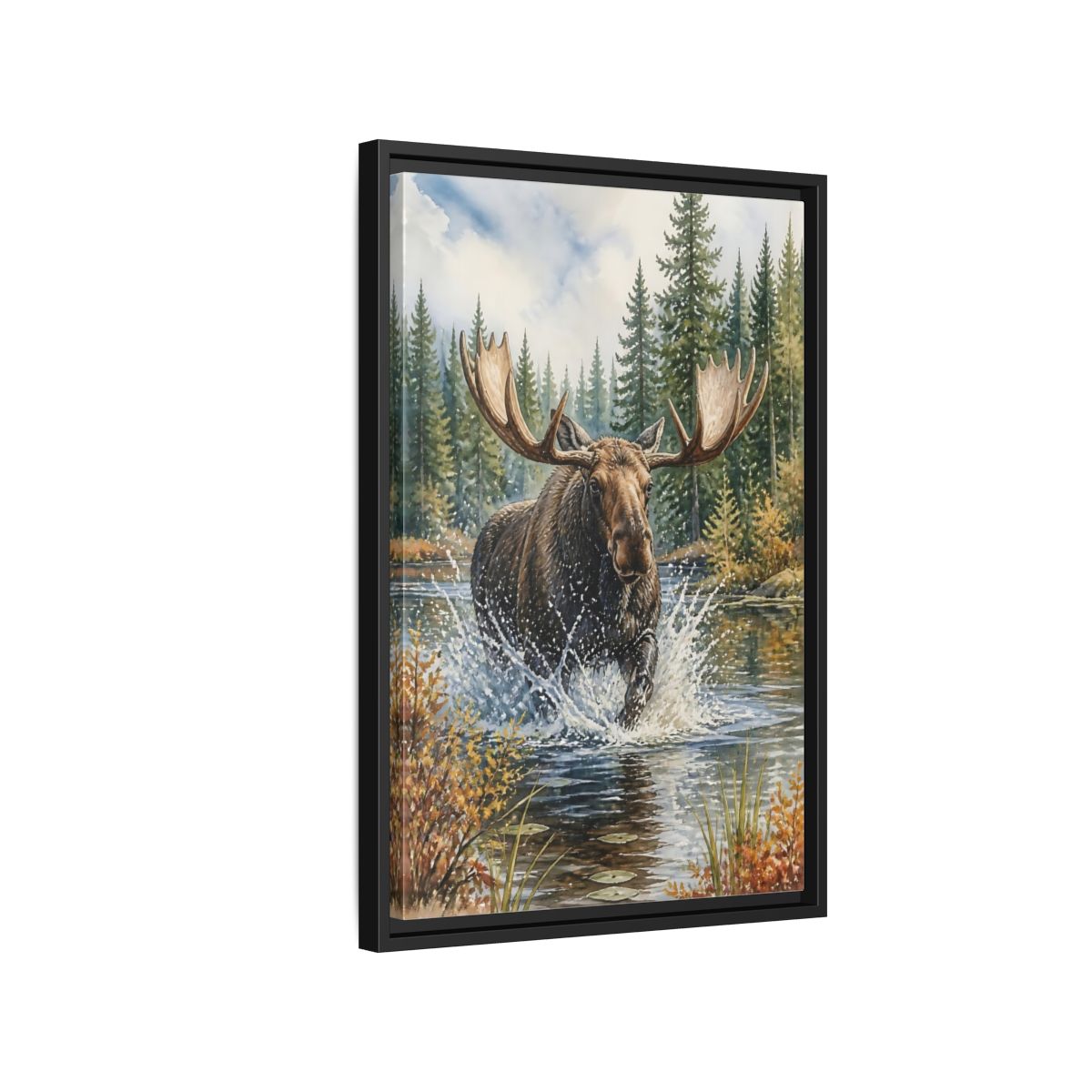 Side Mockup 3. Moose River Crossing shown as framed canvas print