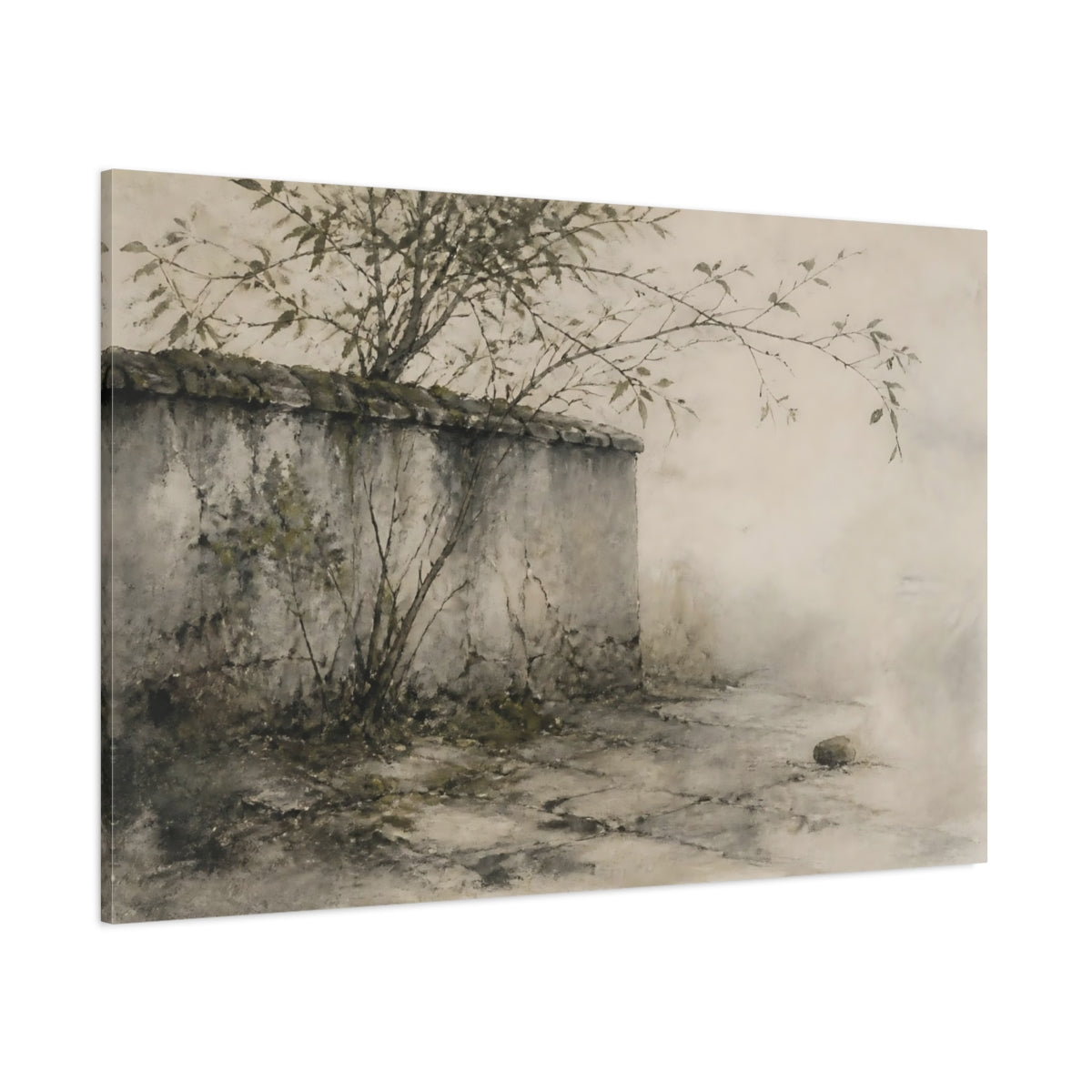 Side Mockup 1. Mossy Stone Wall shown as canvas print