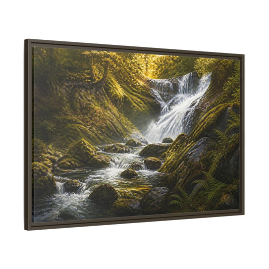Main Mockup. Mossy Waterfall Landscape shown as framed canvas print