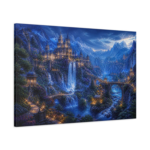 Main Mockup. Mountain Castle Landscape At Blue Hour shown as canvas print
