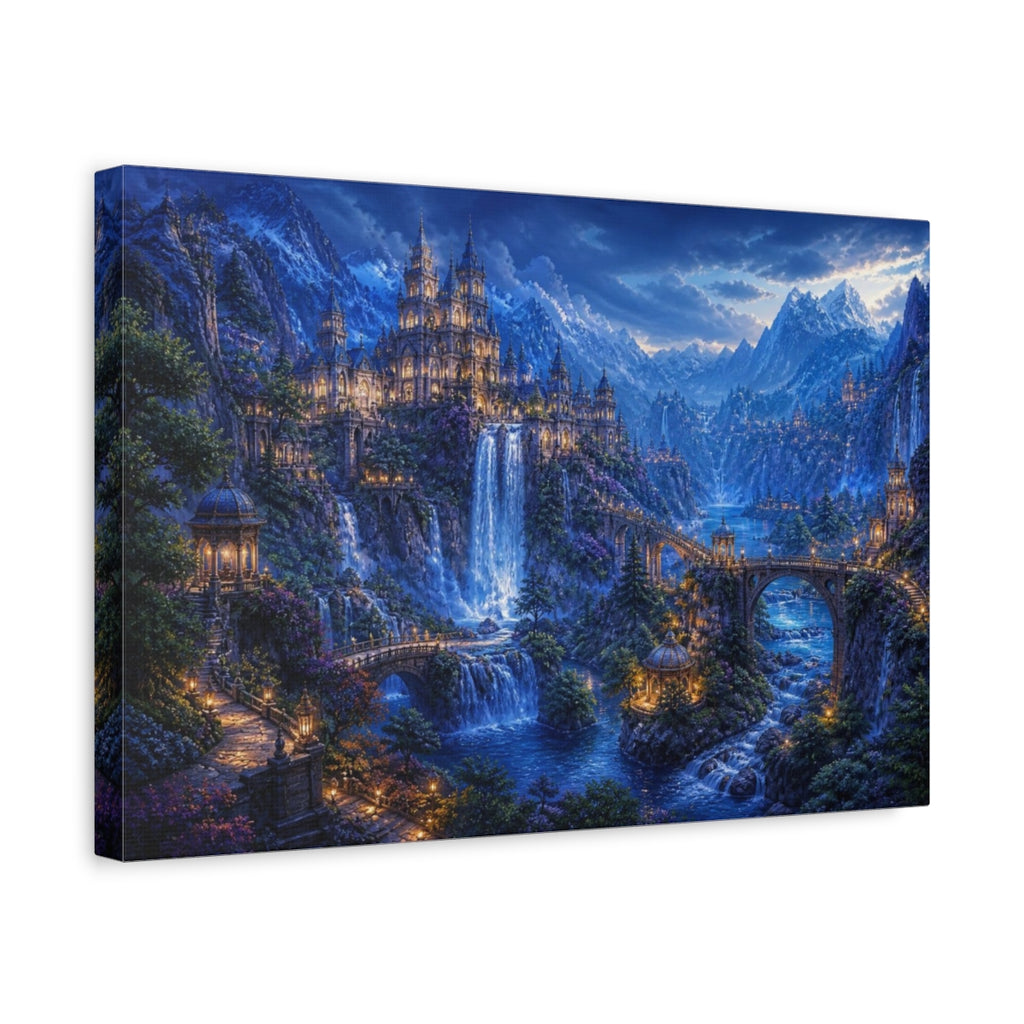 Side Mockup 4. Mountain Castle Landscape At Blue Hour shown as canvas print