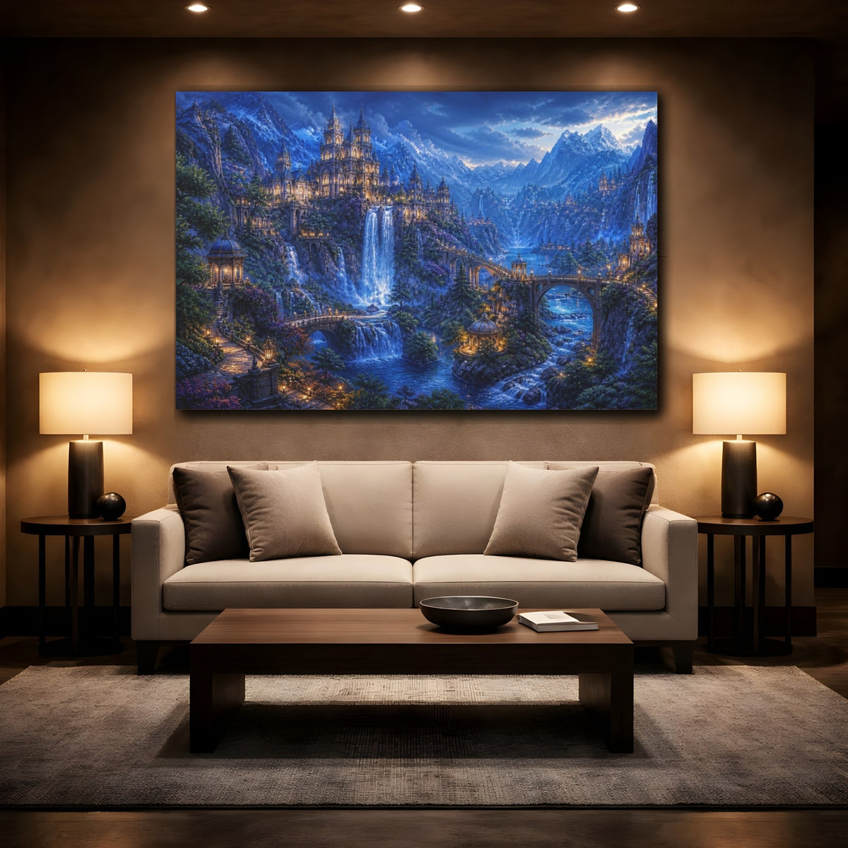 Mockup 2. Mountain Castle Landscape At Blue Hour shown as canvas print
