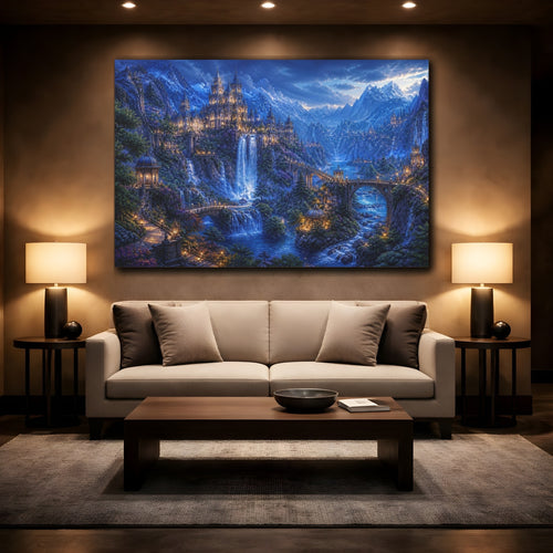 Mockup 2. Mountain Castle Landscape At Blue Hour shown as canvas print