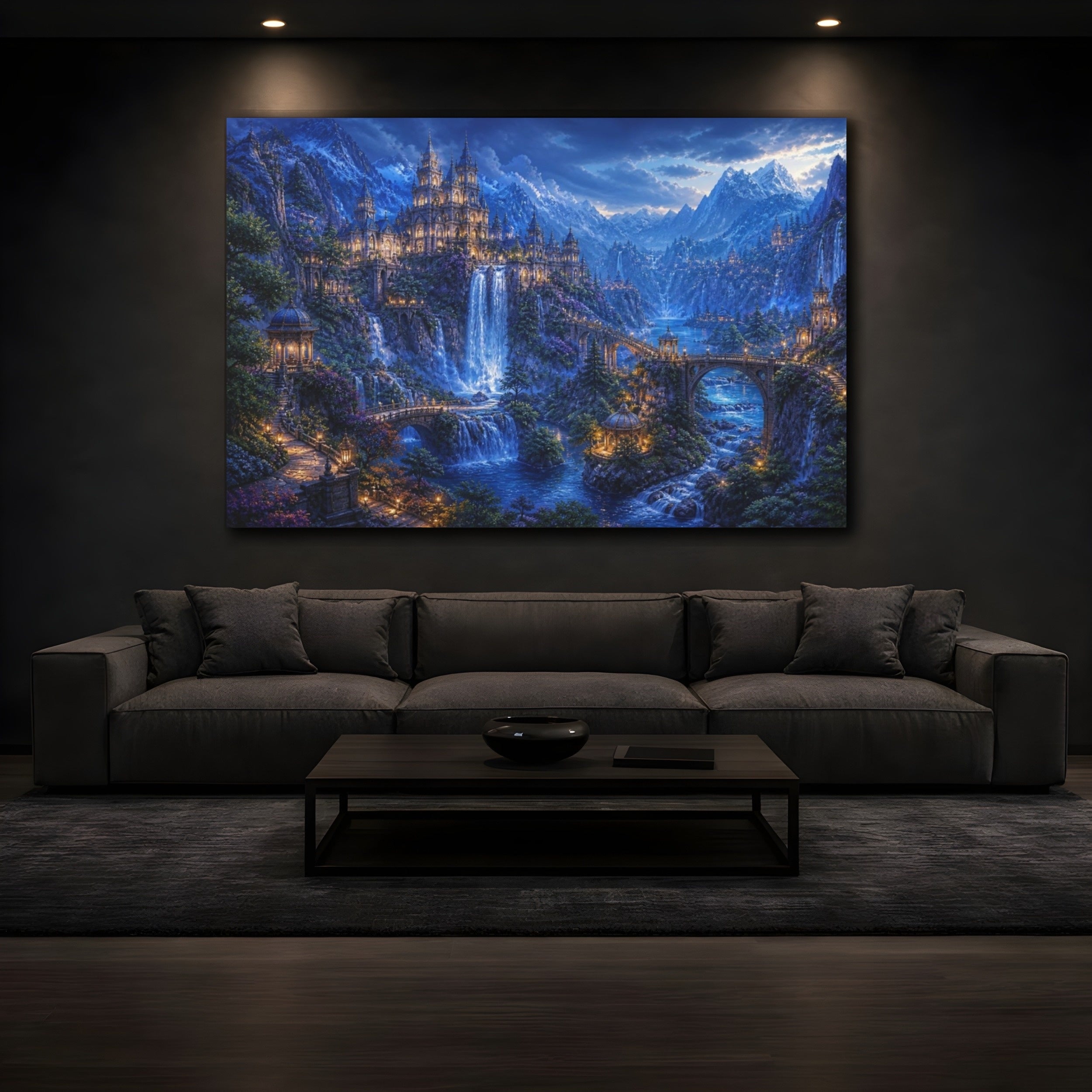 Mockup 3. Mountain Castle Landscape At Blue Hour shown as canvas print