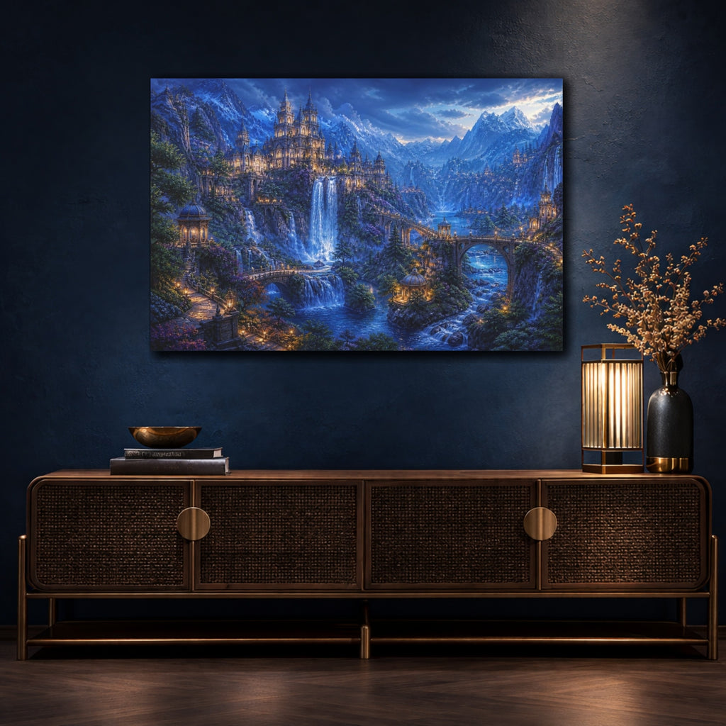 Mockup 4. Mountain Castle Landscape At Blue Hour shown as canvas print