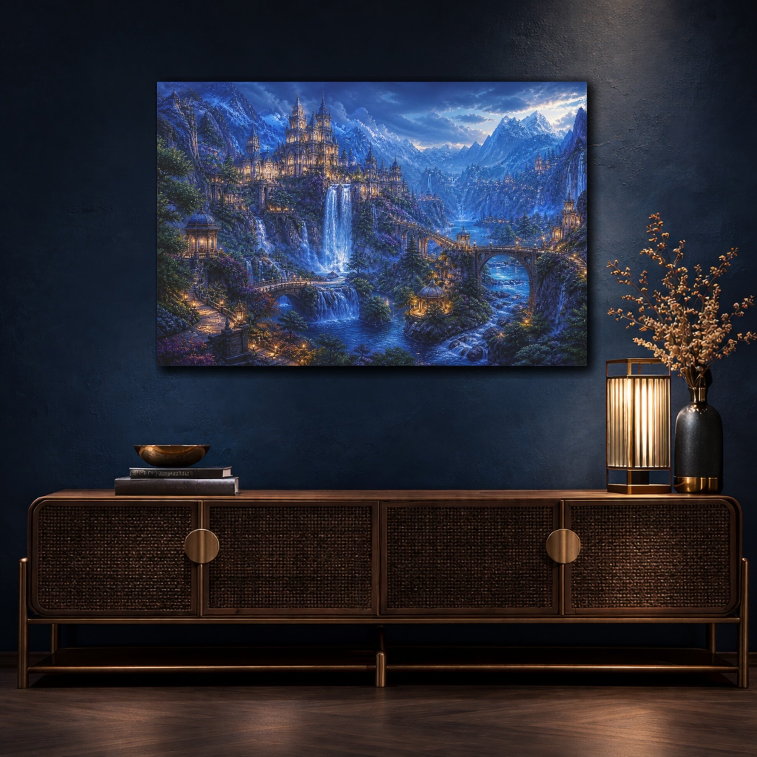 Mockup 4. Mountain Castle Landscape At Blue Hour shown as canvas print