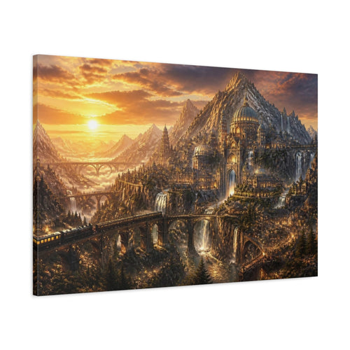 Main Mockup. Mountain City Landscape At Dusk shown as canvas print