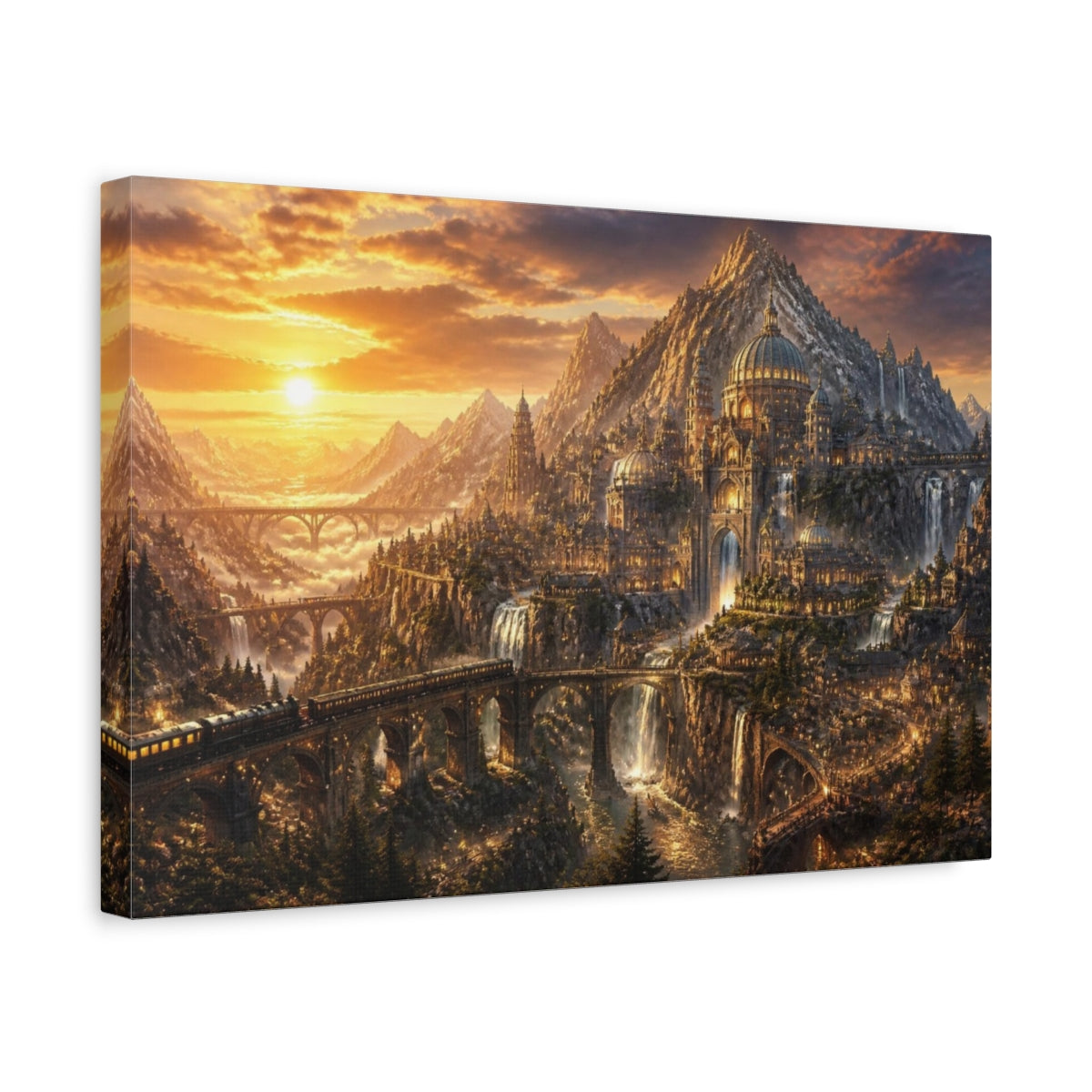 Side Mockup 4. Mountain City Landscape At Dusk shown as canvas print