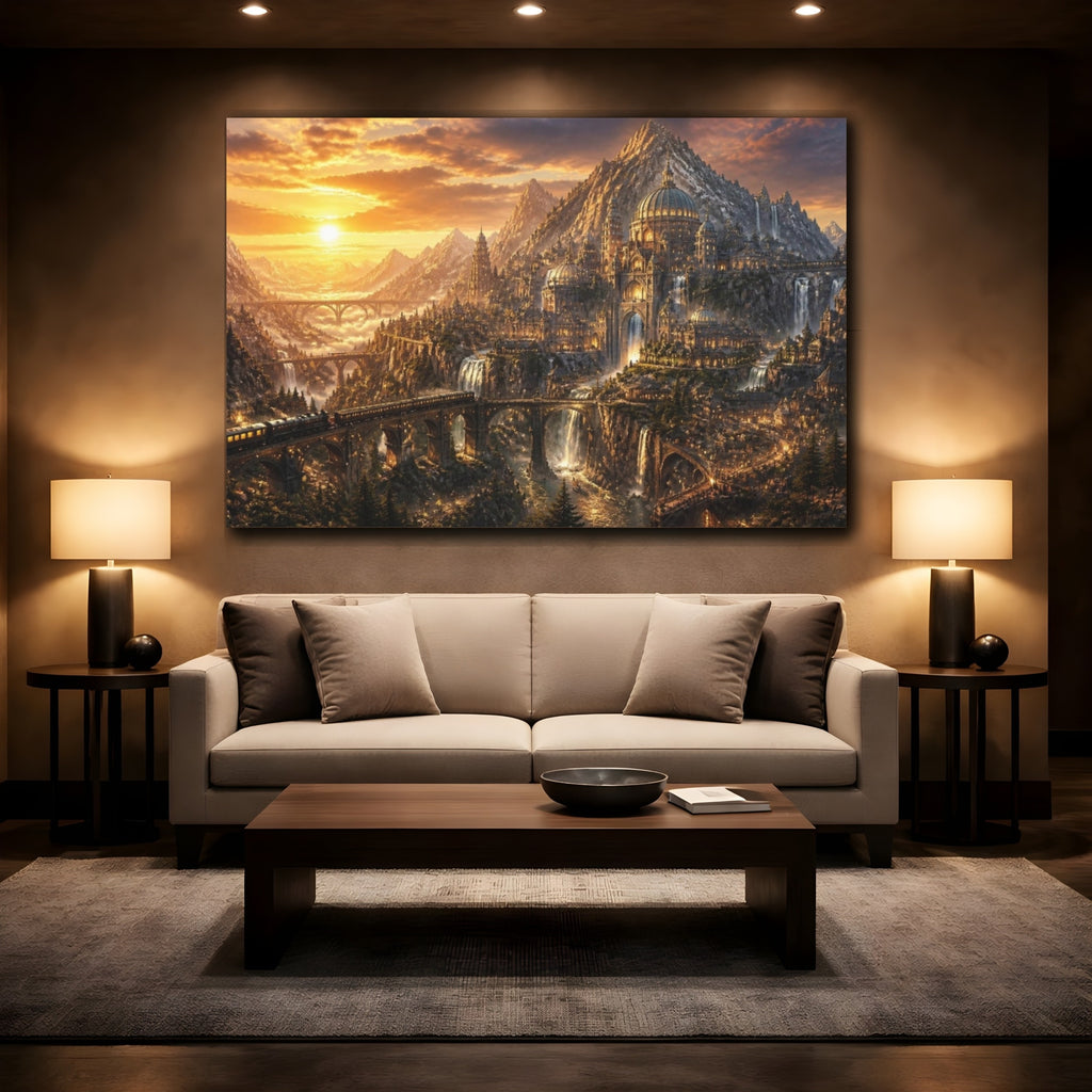 Mockup 2. Mountain City Landscape At Dusk shown as canvas print