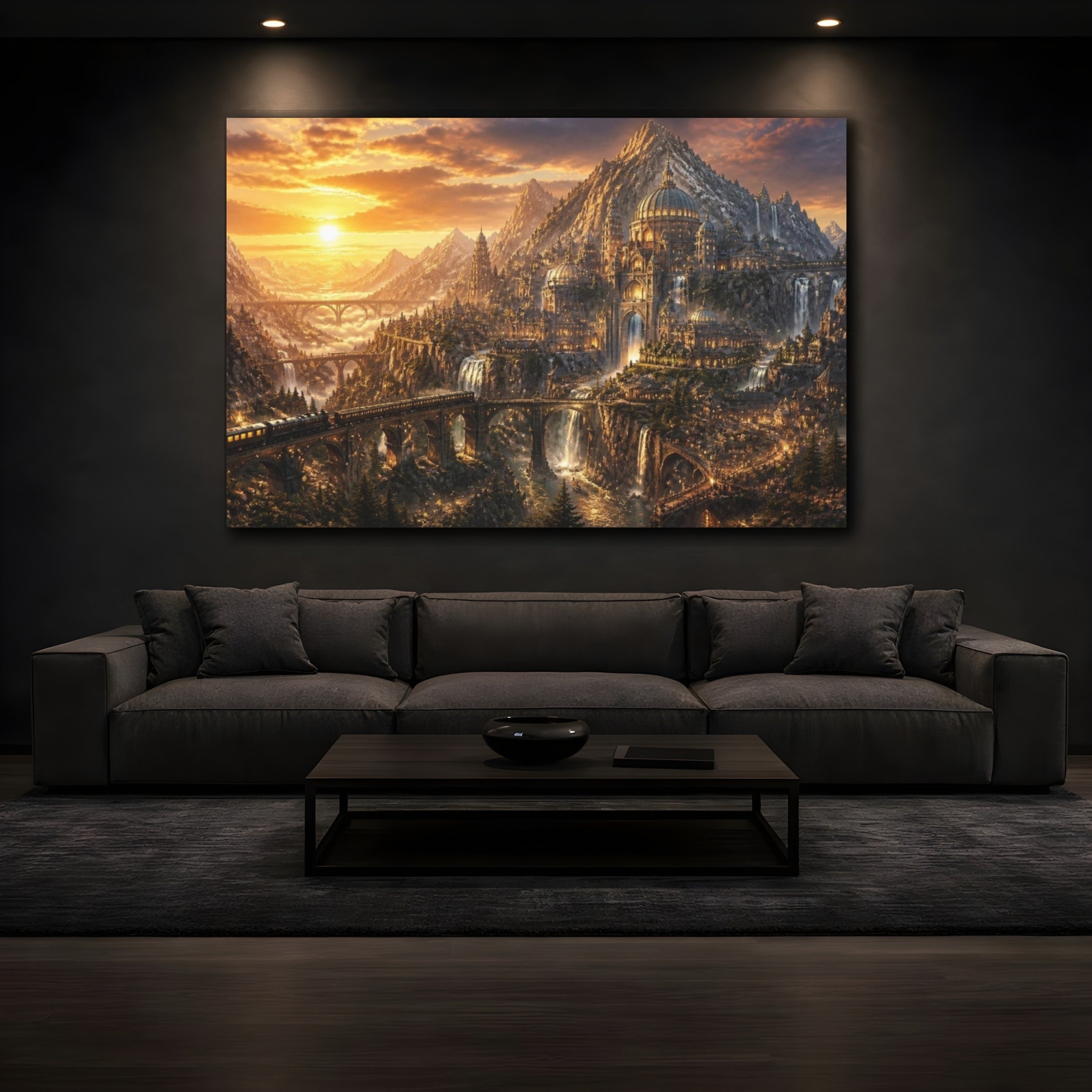 Mockup 3. Mountain City Landscape At Dusk shown as canvas print