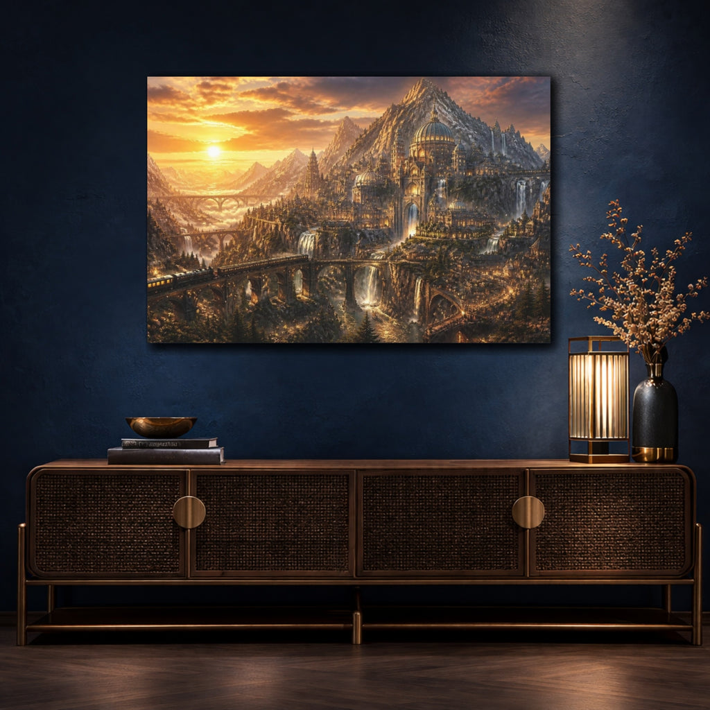 Mockup 4. Mountain City Landscape At Dusk shown as canvas print