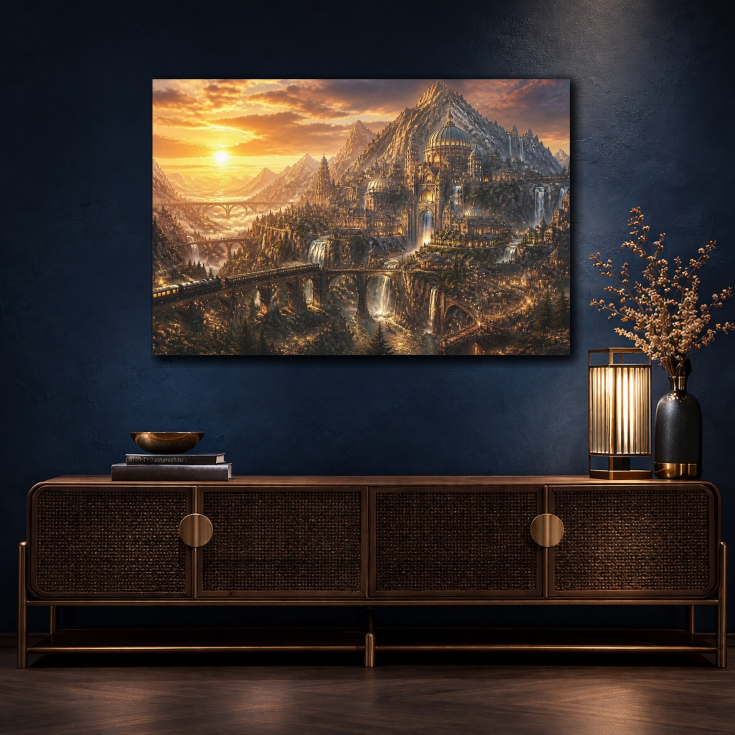 Mockup 4. Mountain City Landscape At Dusk shown as canvas print