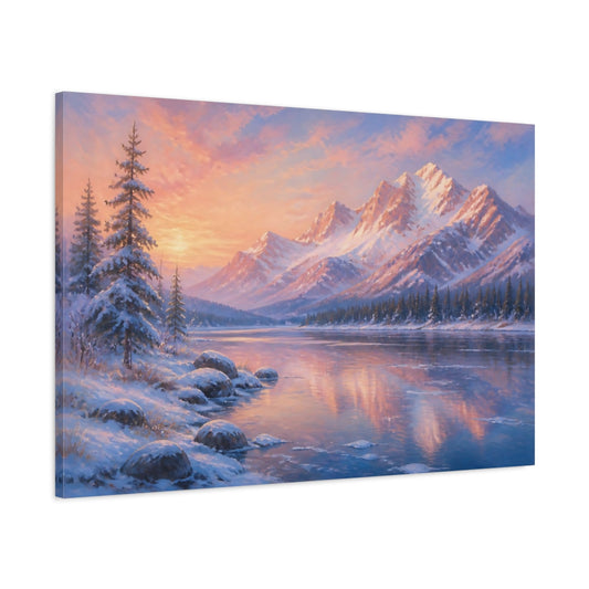 Main Mockup. Mountain Lake Landscape At Dawn shown as canvas print