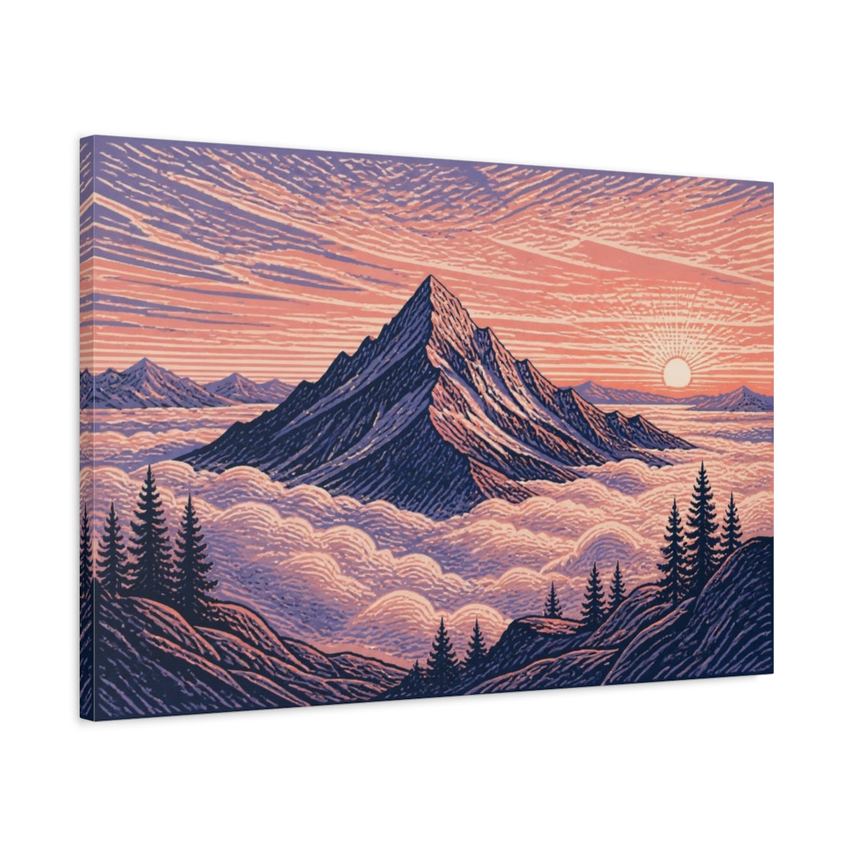 Side Mockup 2. Mountain Landscape At Dawn shown as canvas print