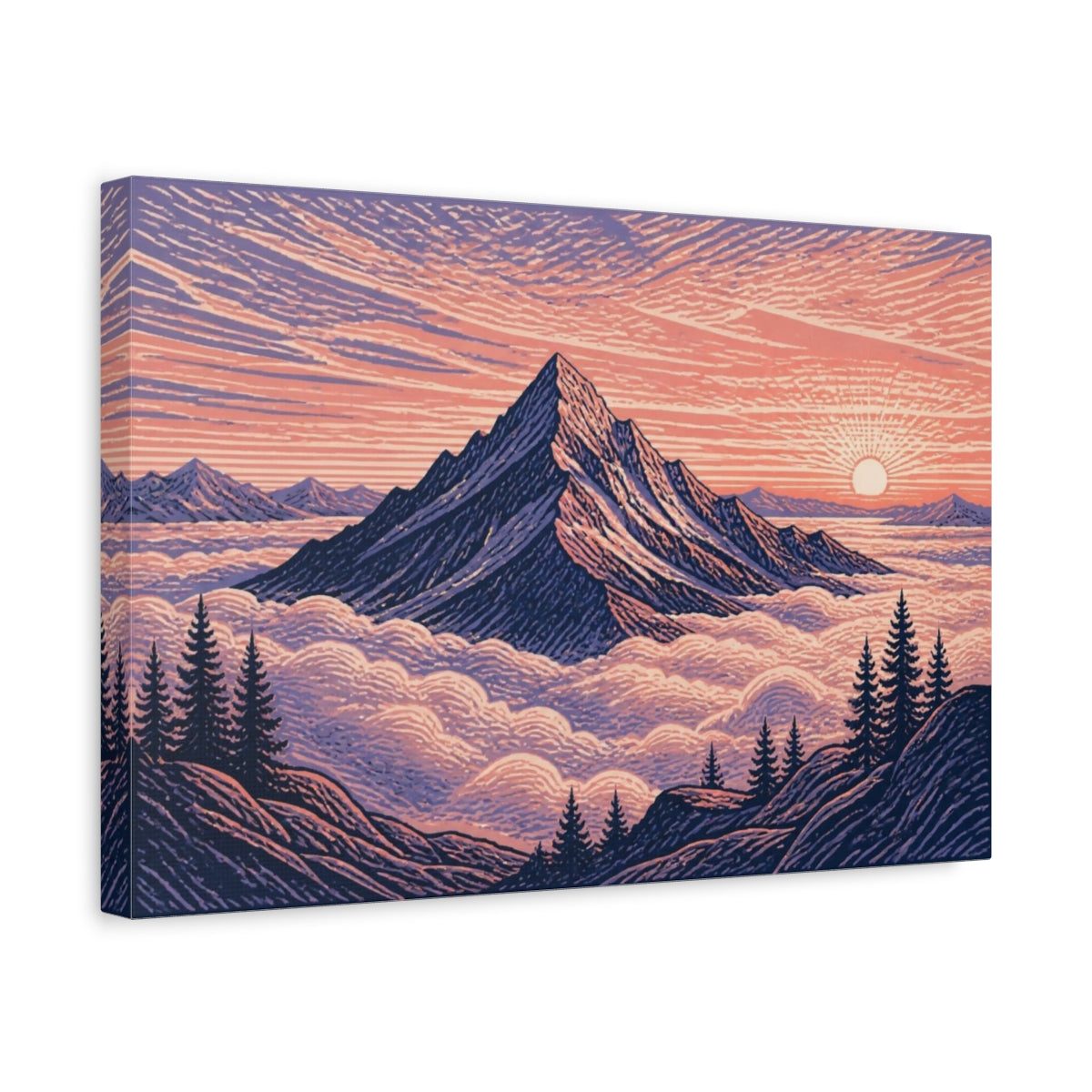 Side Mockup 4. Mountain Landscape At Dawn shown as canvas print