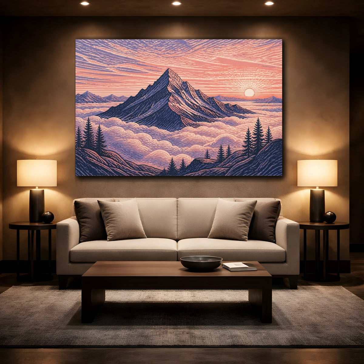 Mockup 2. Mountain Landscape At Dawn shown as canvas print