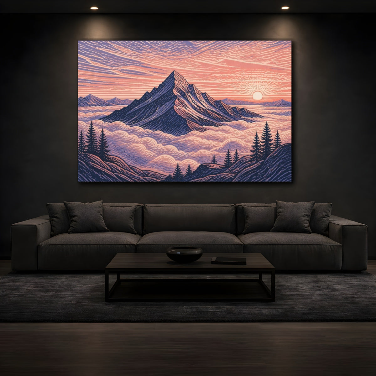 Mockup 3. Mountain Landscape At Dawn shown as canvas print