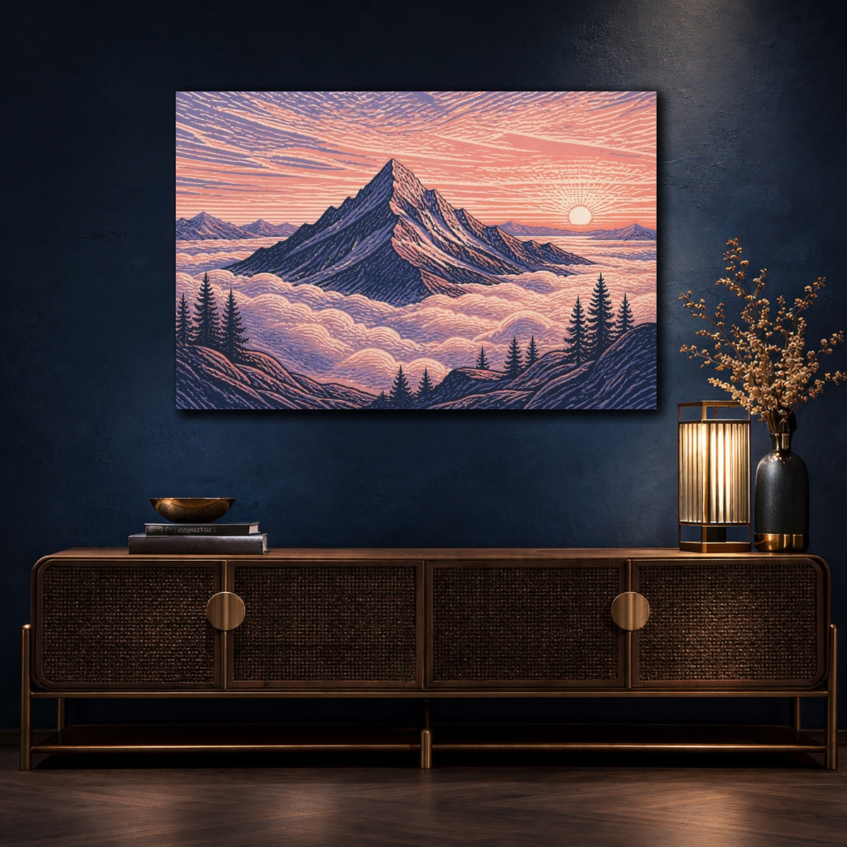 Mockup 4. Mountain Landscape At Dawn shown as canvas print