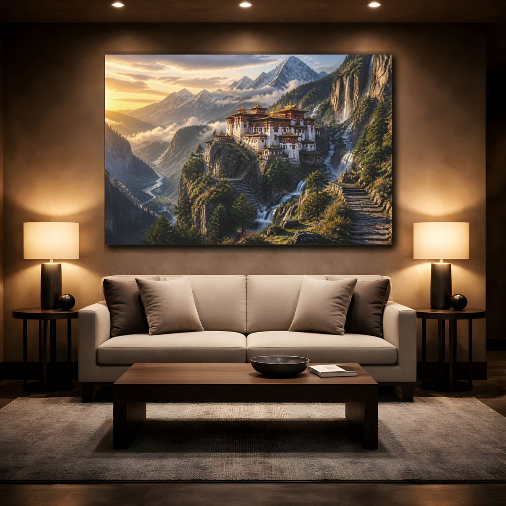 Mockup 2. Mountain Monastery Landscape Sunrise shown as canvas print
