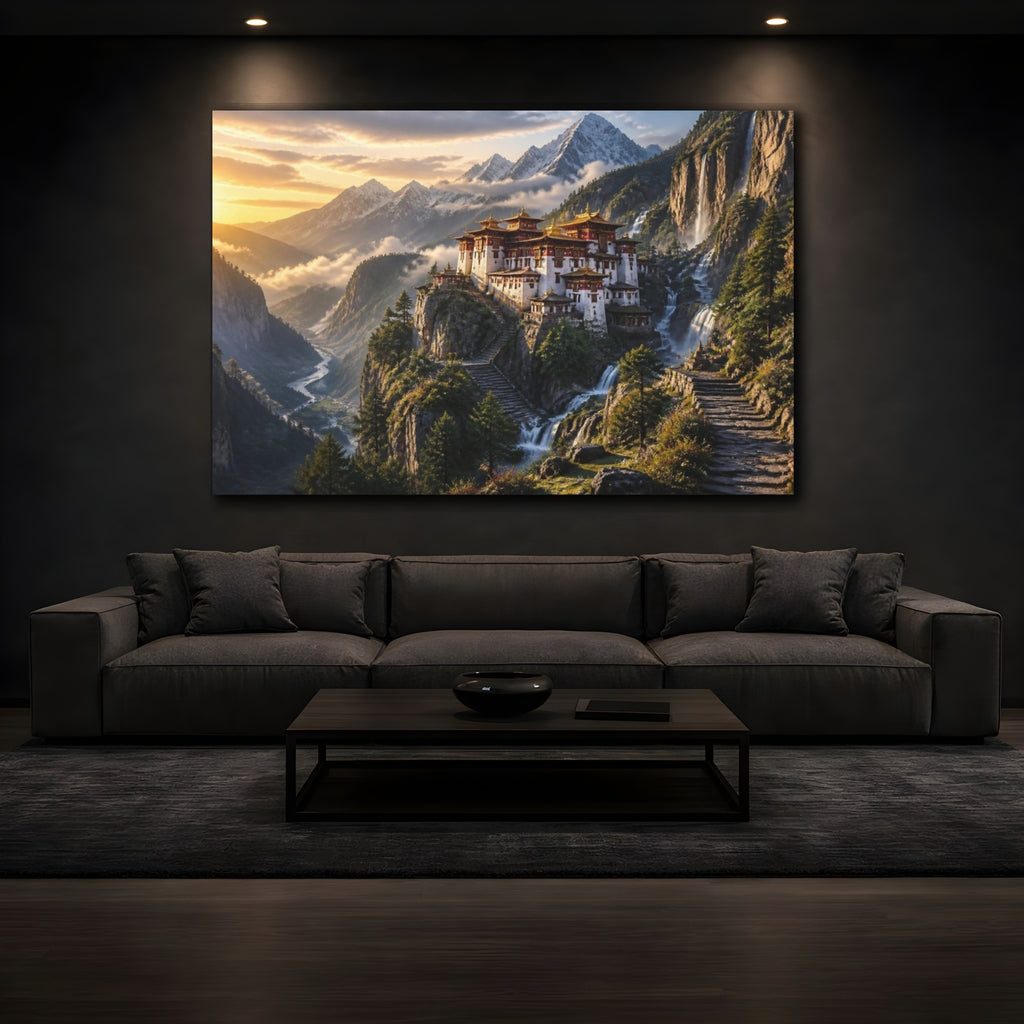 Mockup 3. Mountain Monastery Landscape Sunrise shown as canvas print