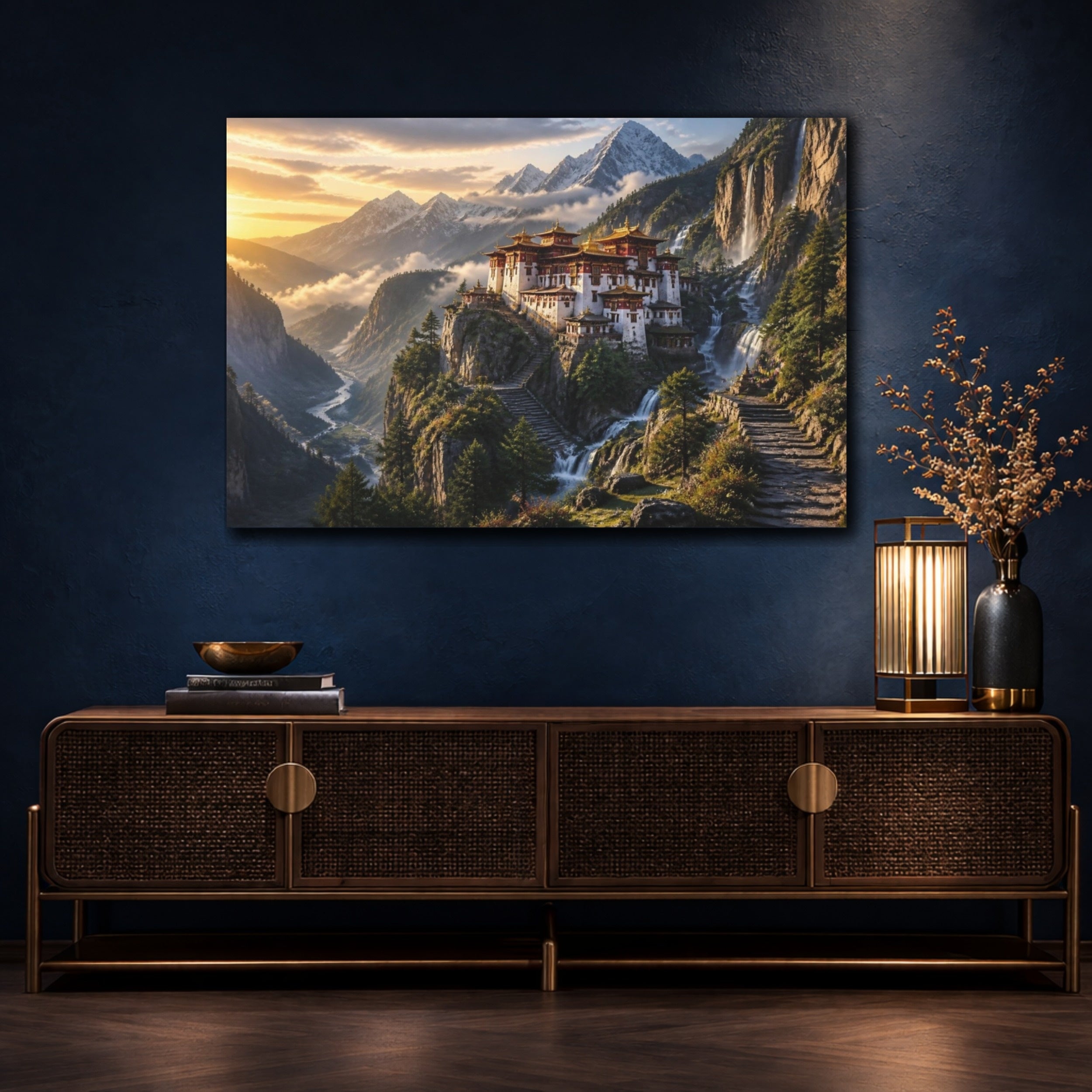 Mockup 4. Mountain Monastery Landscape Sunrise shown as canvas print