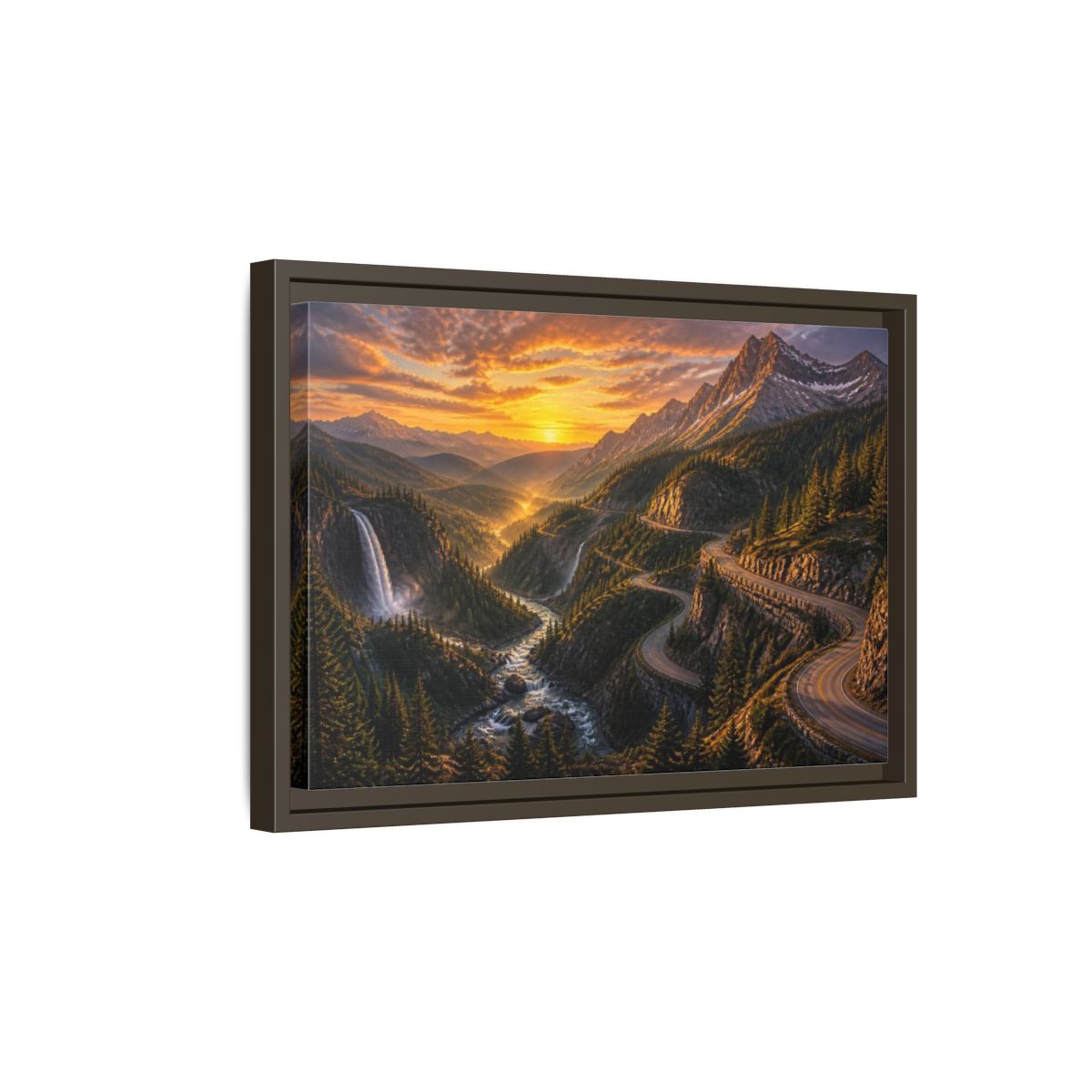 Side Mockup 5. Mountain Pass Landscape At Sunset shown as framed canvas print