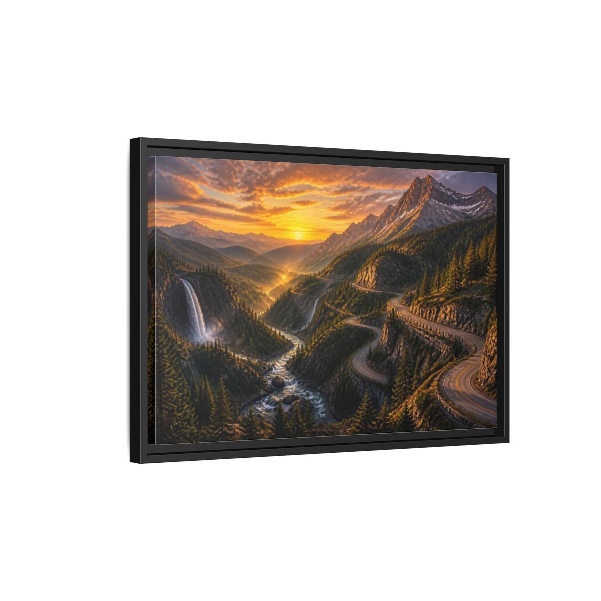 Side Mockup 3. Mountain Pass Landscape At Sunset shown as framed canvas print