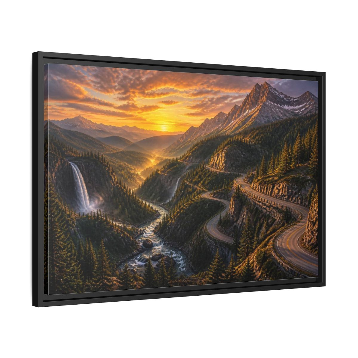 Side Mockup 14. Mountain Pass Landscape At Sunset shown as framed canvas print