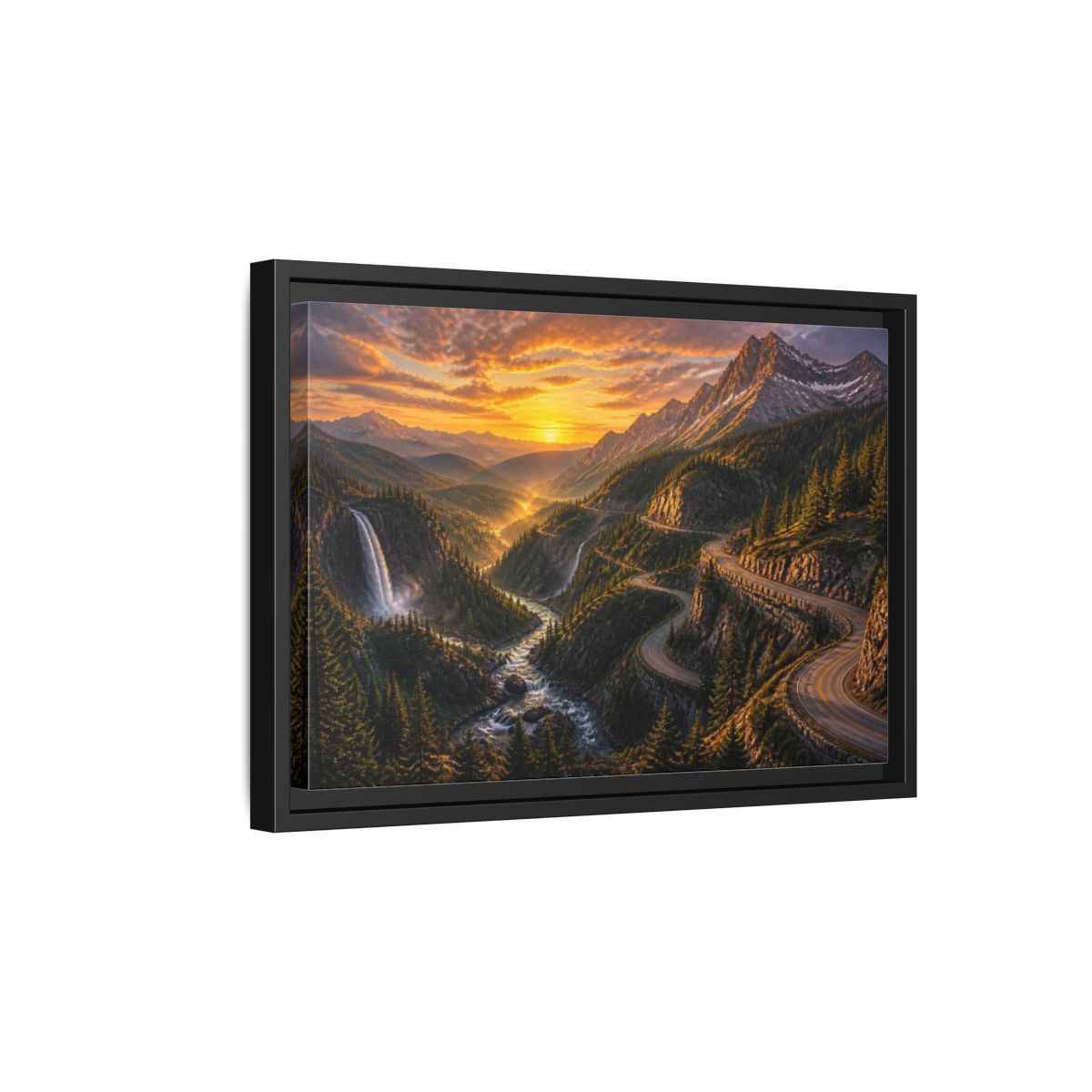 Side Mockup 6. Mountain Pass Landscape At Sunset shown as framed canvas print