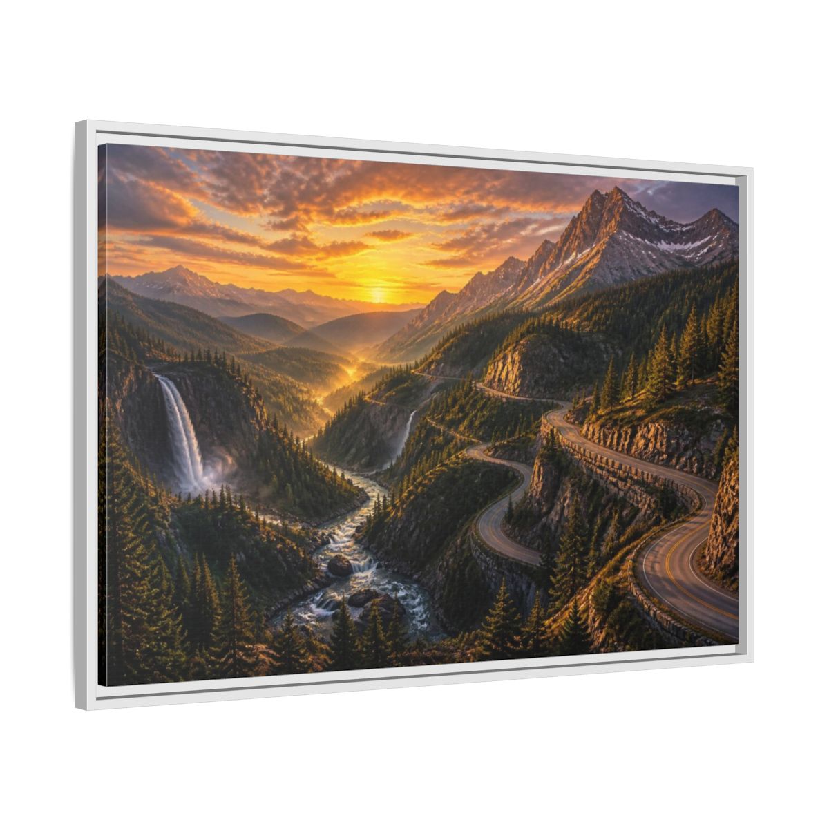 Side Mockup 9. Mountain Pass Landscape At Sunset shown as framed canvas print