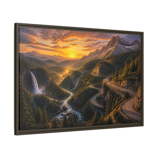 Main Mockup. Mountain Pass Landscape At Sunset shown as framed canvas print