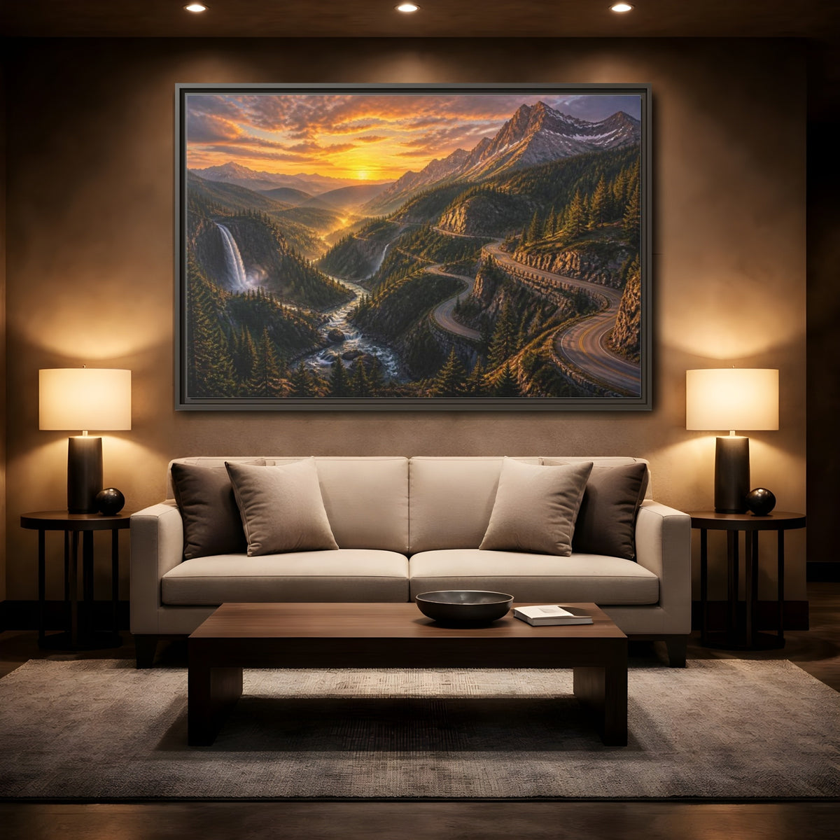 Mockup 2. Mountain Pass Landscape At Sunset shown as framed canvas print