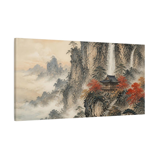 Main Mockup. Mountain Pavilion By Waterfall shown as canvas print