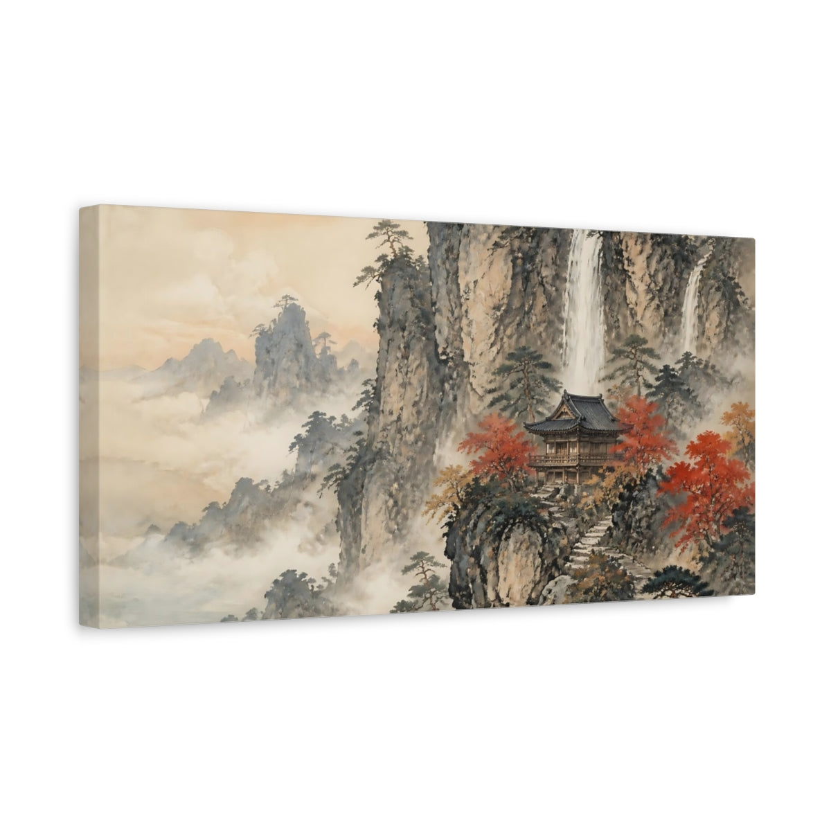 Side Mockup 3. Mountain Pavilion By Waterfall shown as canvas print