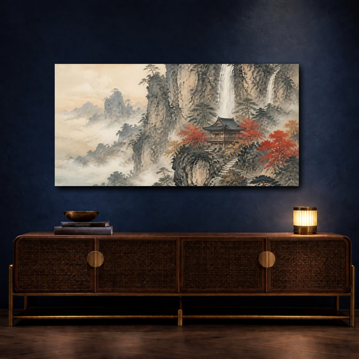Mockup 4. Mountain Pavilion By Waterfall shown as canvas print
